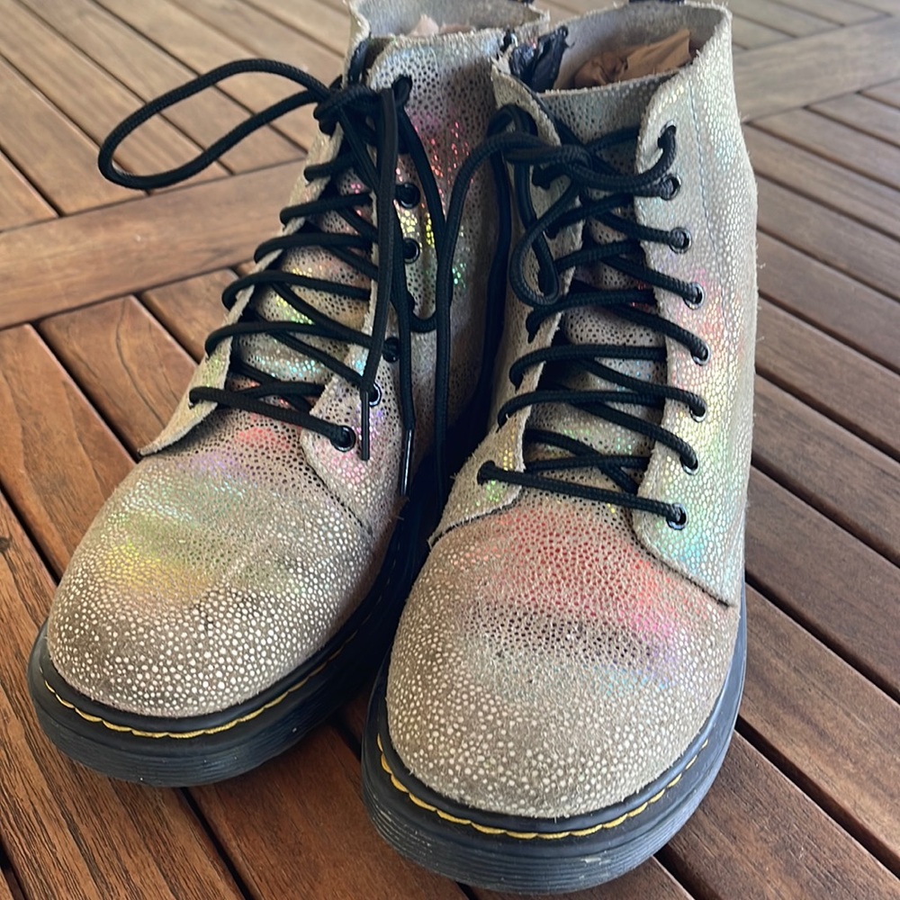 Dr. Martens , 1460 Pascal Y, rainbow iridescent combat boots. Lace up, Zip.